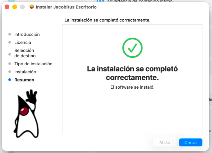 Mensaje de instalación exitosa